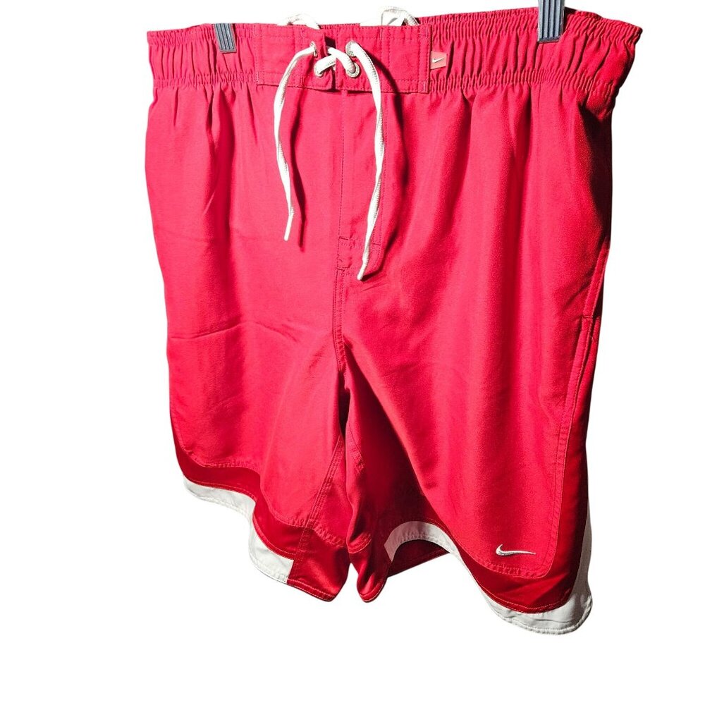 Y2K Nike Mens Red Swim Trunks With Drawstring Waist & White Trim Size L